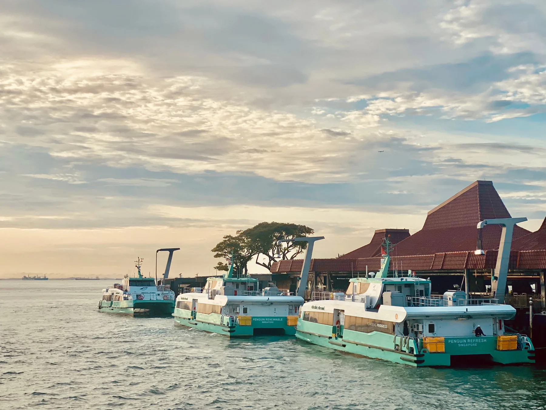 Shell's electric ferries docked at the refinery island at sunset